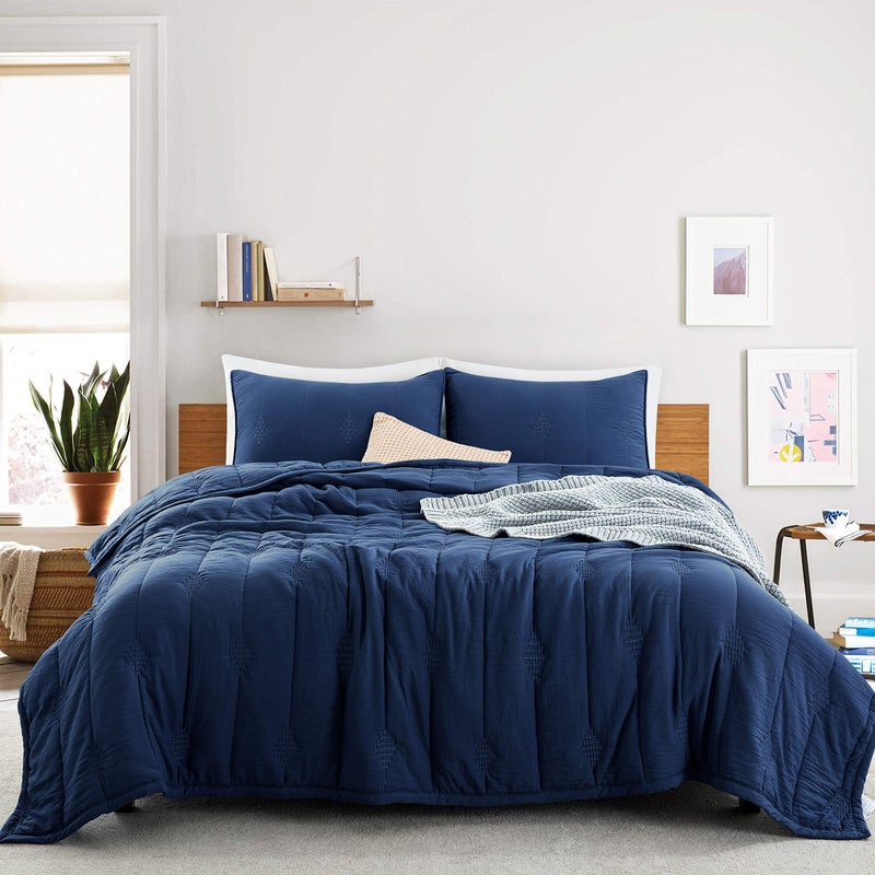 ANNA.Z HOME Queen Quilt Set, Lightweight Bedding Set, Washed Soft Fabric, Navy, Boho Embroidered Coverlet, All-Season, Machine Washable, 3-Piece Set, 1 Quilt + 2 Shams (Navy, Queen Set) - Image 1